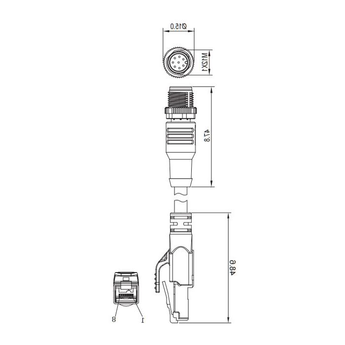 M12 8Pin straight male RJ45 Straight male, double-end pre-cast TPE flexible cable, shielded, blue sheath, Ethernet Cat5e, 0C4461-XXX